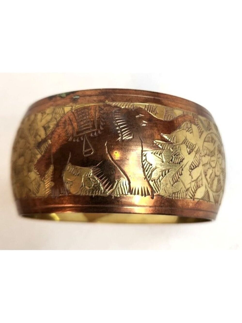 Handcrafted Vintage Brass & Copper Bangle  Elephant & Flower Bangle Bracelet Wid